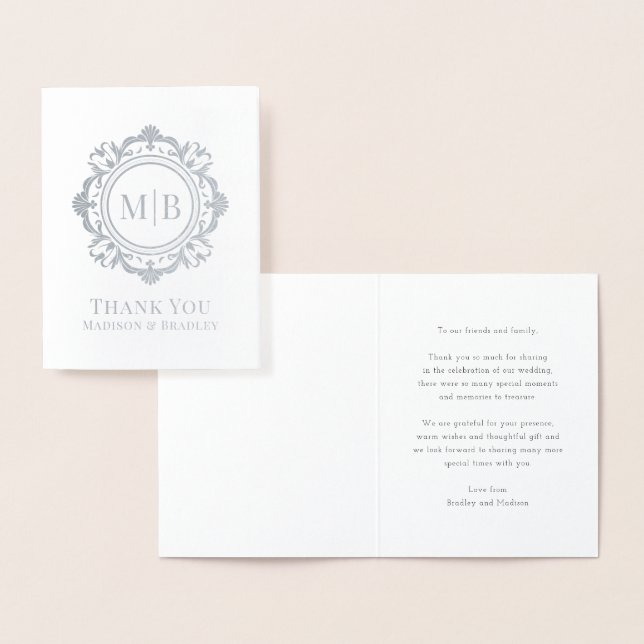 Ornate Floral Monogram Wedding Thank You Foil Card (Display)
