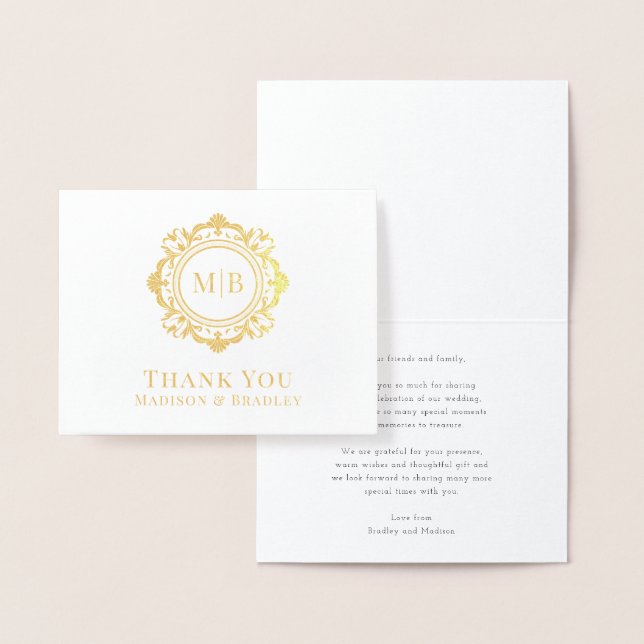 Ornate Floral Monogram Wedding Thank You Foil Card (Display)
