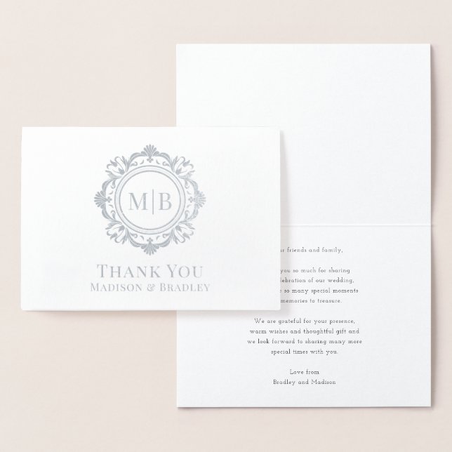 Ornate Floral Monogram Wedding Thank You Foil Card (Display)