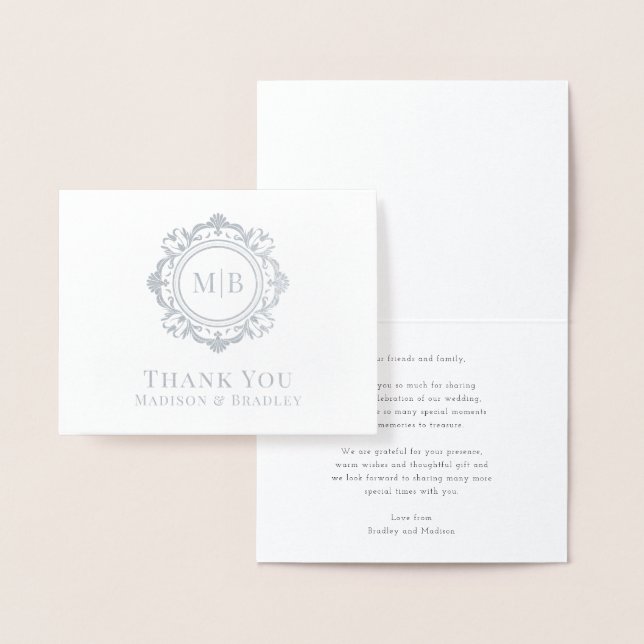 Ornate Floral Monogram Wedding Thank You Foil Card (Display)