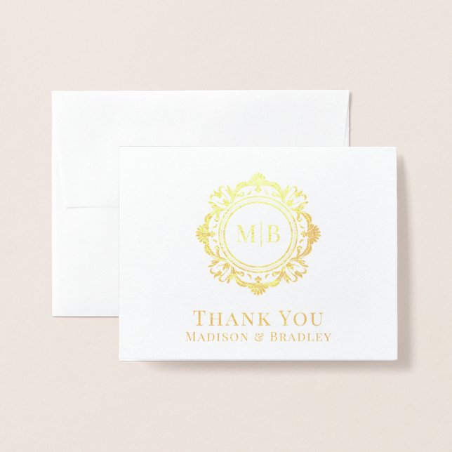 Ornate Floral Monogram Wedding Thank You Foil Card (Front With Envelope)