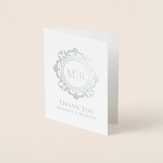 Ornate Floral Monogram Wedding Thank You Foil Card (Front)