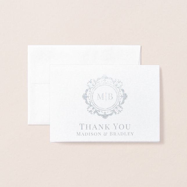 Ornate Floral Monogram Wedding Thank You Foil Card (Front With Envelope)