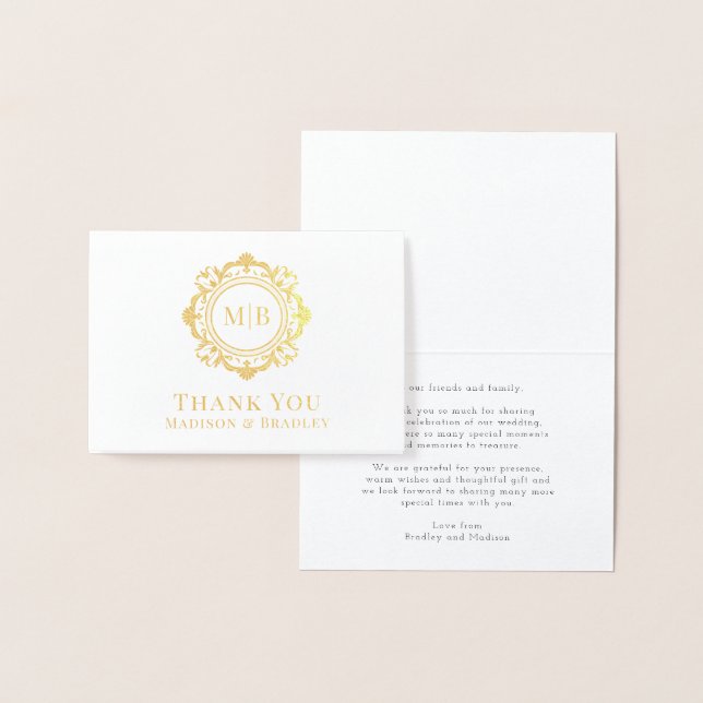 Ornate Floral Monogram Wedding Thank You Foil Card (Display)