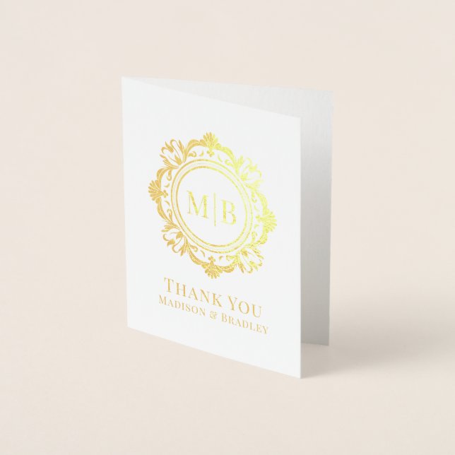 Ornate Floral Monogram Wedding Thank You Foil Card (Front)