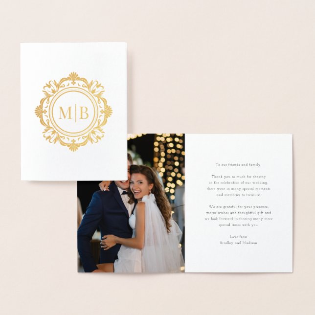 Ornate Floral Monogram Wedding Thank You Photo Foil Card (Display)