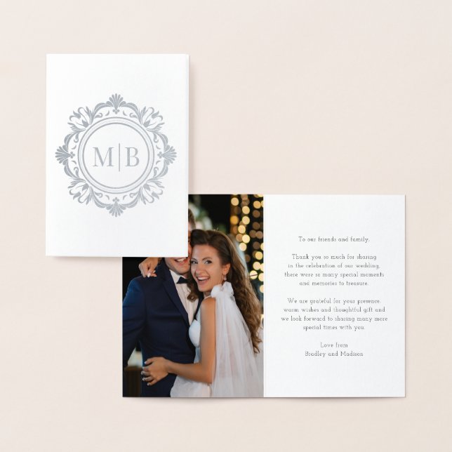 Ornate Floral Monogram Wedding Thank You Photo Foil Card (Display)