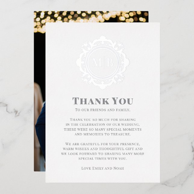 Ornate Floral Monogram Wedding Thank You Photo Foil Holiday Card (Front/Back)
