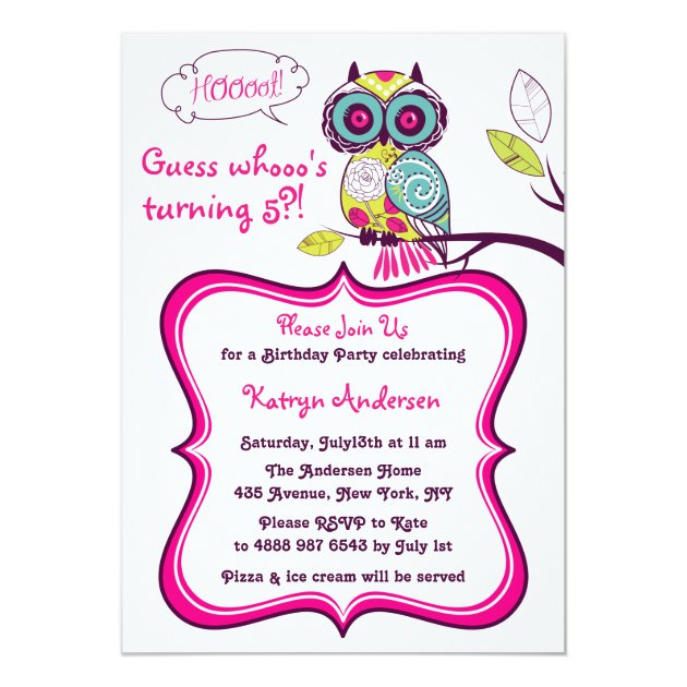 Ornate Floral Owl Hot Pink Kids Birthday Party Invitation