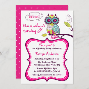 Ornate Floral Owl Hot Pink Kids Birthday Party Invitation