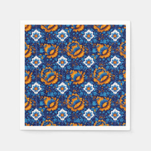 Ornate Floral Pattern in Blue and Orange Tiles Napkins