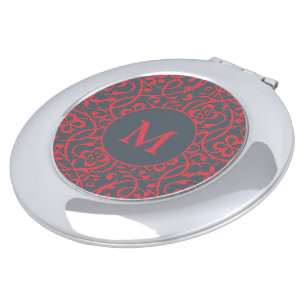 Ornate Floral Pattern in Pink and Grey Monogram Compact Mirror