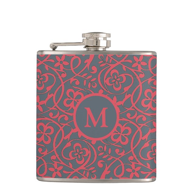 Ornate Floral Pattern in Pink and Grey Monogram Flask (Front)