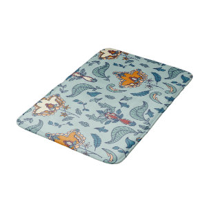 Ornate floral pattern on a pale blue background bath mat