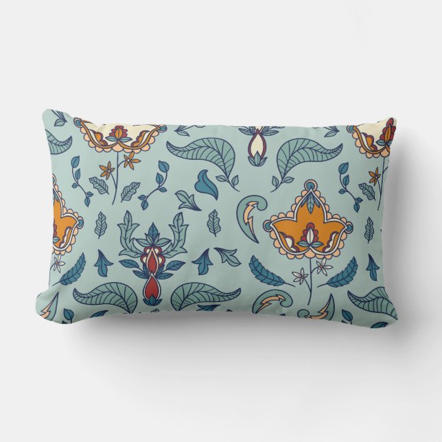 Ornate floral pattern on a pale blue background lumbar pillow (Front)