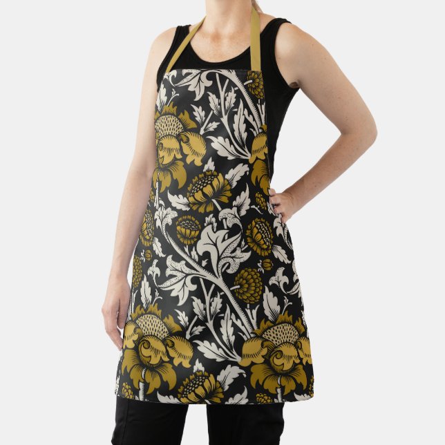 Ornate floral pattern with large gold flowers  apron (Insitu)