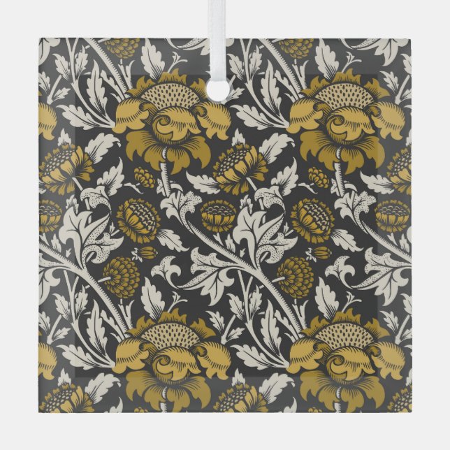 Ornate floral pattern with large gold flowers  glass ornament (Front)