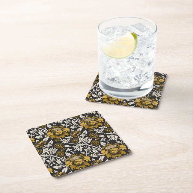 Ornate floral pattern with large gold flowers  square paper coaster (Insitu)