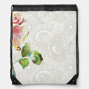 Ornate Floral Pattern With Pink Watercolor Rose Drawstring Bag