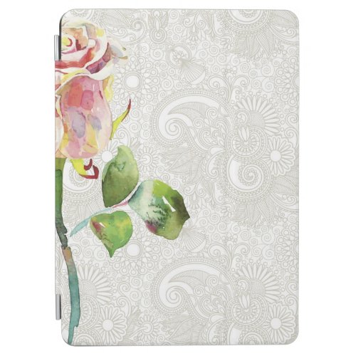 Ornate Floral Pattern With Pink Watercolor Rose iPad Air Cover