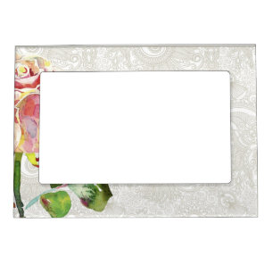 Ornate Floral Pattern With Pink Watercolor Rose Magnetic Photo Frame