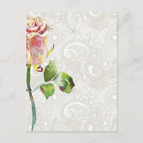 Ornate Floral Pattern With Pink Watercolor Rose Postcard