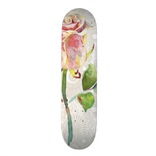 Ornate Floral Pattern With Pink Watercolor Rose Skateboard