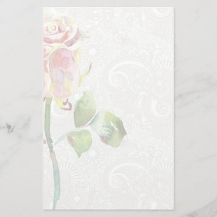 Ornate Floral Pattern With Pink Watercolor Rose Stationery