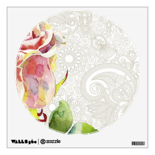 Ornate Floral Pattern With Pink Watercolor Rose Wall Decal