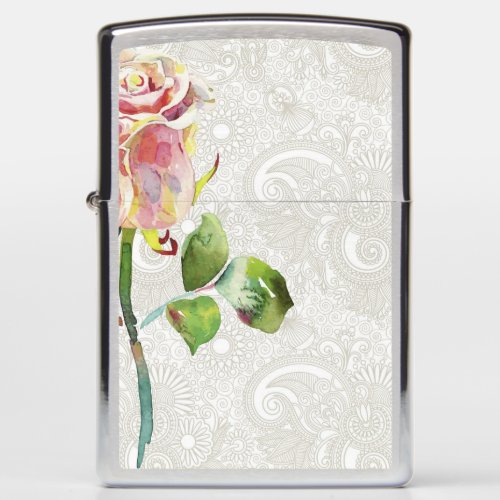 Ornate Floral Pattern With Pink Watercolor Rose Zippo Lighter