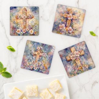 ORNATE FLORAL RELIGIOUS EASTER CROSSES COASTER SET