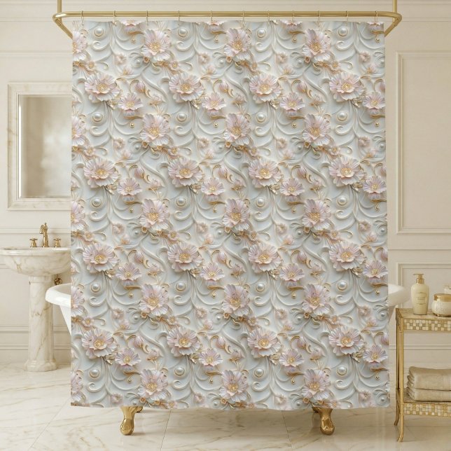 Ornate Floral  Shower Curtain (elegant luxury pearl white pale pink floral shower curtain)