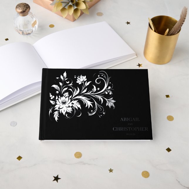 Ornate Floral Wedding Foil Guest Book (Front Open)