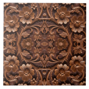 Ornate Floral Wood-Carved Mandala Pattern Ceramic Tile