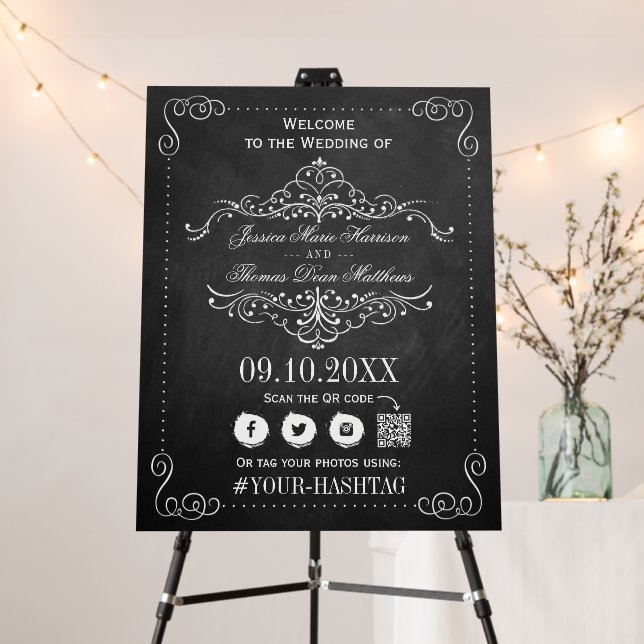 Ornate Flourish Chalkboard Wedding Welcome Foam Board (In Situ (Stand))