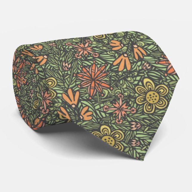 Ornate Flowers and Foliage, Green & Orange Neck Tie (Rolled)