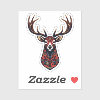 Ornate Folk Art Deer Head | Rustic Floral Stag Sti Sticker