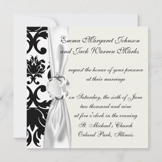 ornate formal black white damask invitation (Front)
