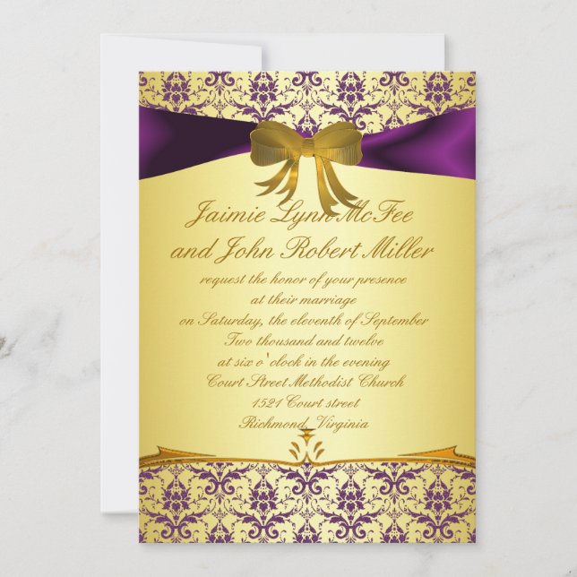 Ornate Formal Purple Gold Damask Wedding Invitatio Invitation (Front)