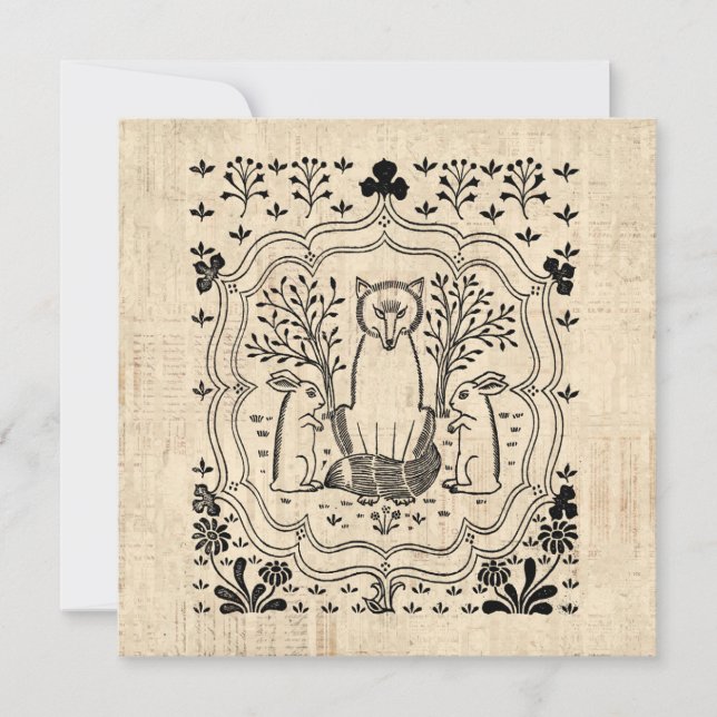 Ornate Fox and Bunny Rabbits Cute Animal Art Note Card (Front)