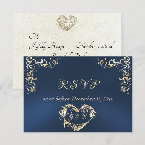 Ornate Frame & Heart - Blue RSVP Card