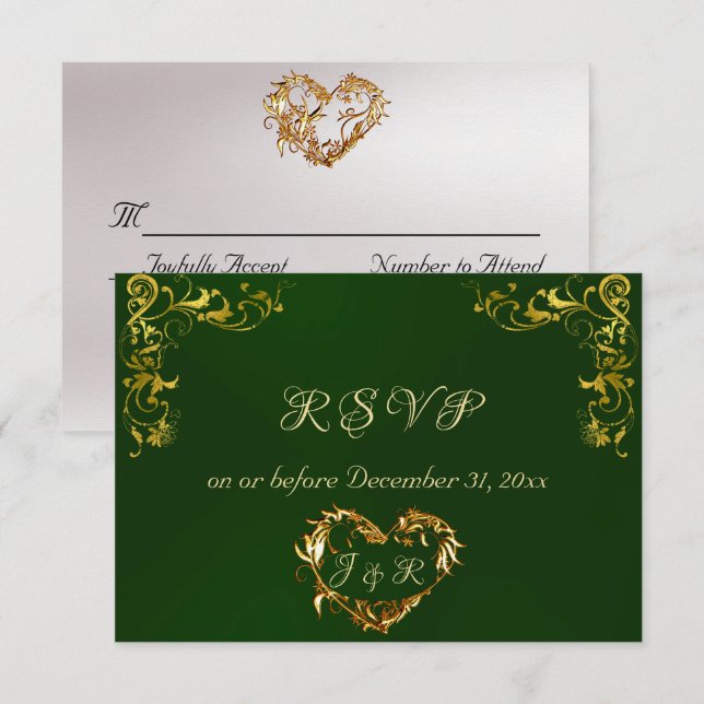 Ornate Frame & Heart - Emerald/Gold RSVP Card (Front/Back)