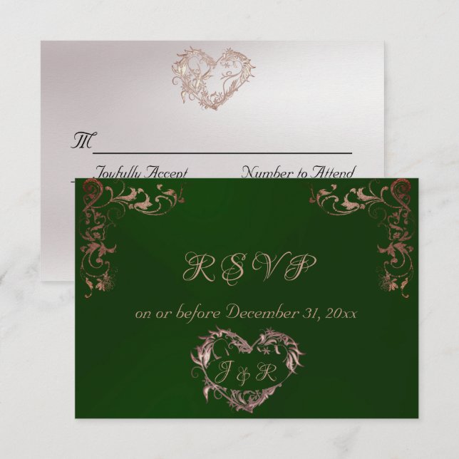 Ornate Frame & Heart - Emerald/Rose Gold RSVP Card (Front/Back)