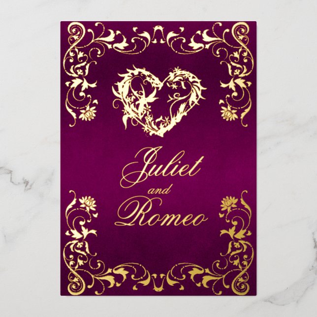Ornate Frame & Heart - Purple Foil Invitation (Front)