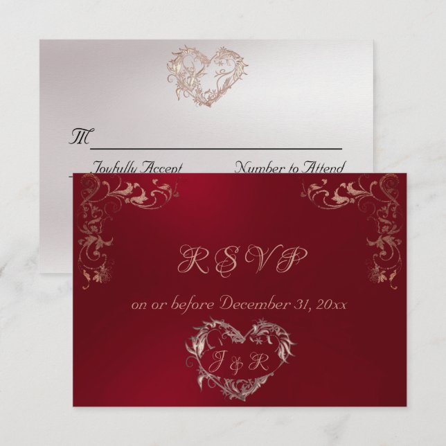 Ornate Frame & Heart - Red/Rose Gold RSVP Card (Front/Back)