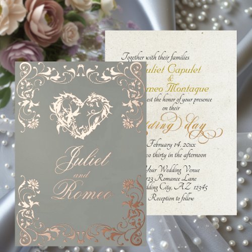 Ornate Frame & Heart - Sage Foil Invitation
