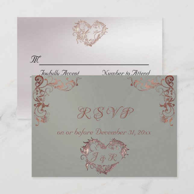 Ornate Frame & Heart - Sage/Rose Gold RSVP Card (Front/Back)