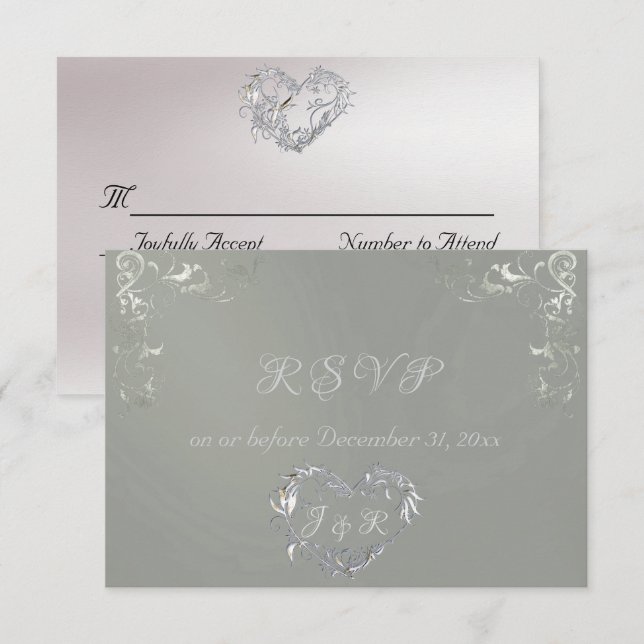 Ornate Frame & Heart - Sage/Silver RSVP Card (Front/Back)