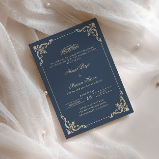 Ornate Frame Navy Blue Gold Script Walima Ceremony Invitation