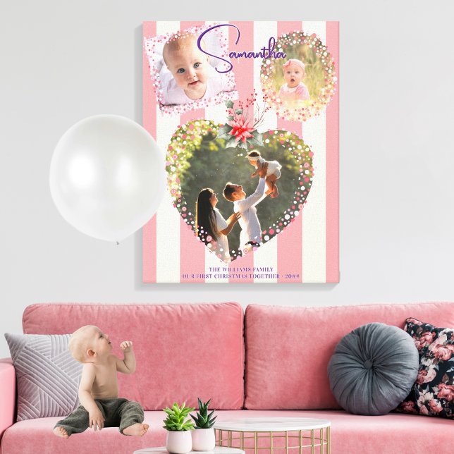 Ornate Frames 3 Photo Pink 1st Christmas Milestone Canvas Print (Ornate Frames 3 Photo Pink 1st Christmas Milestone Foam Board Nursery Decor Family Keepsake Gift)